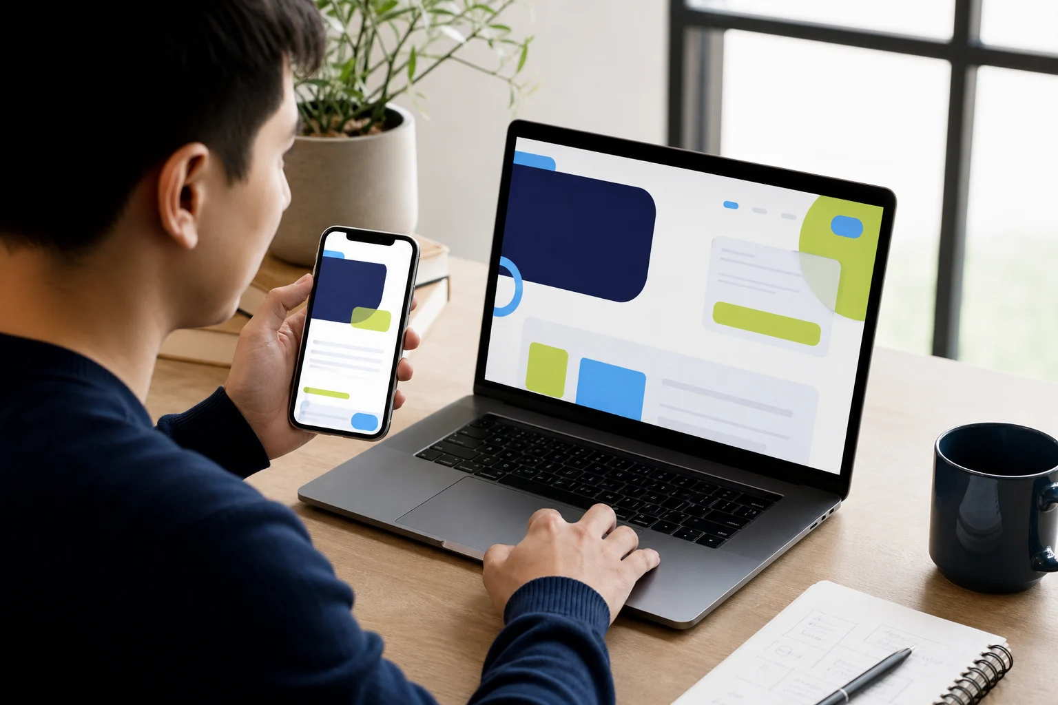 Lernender testet eine JavaScript Webanwendung auf Laptop und Smartphone